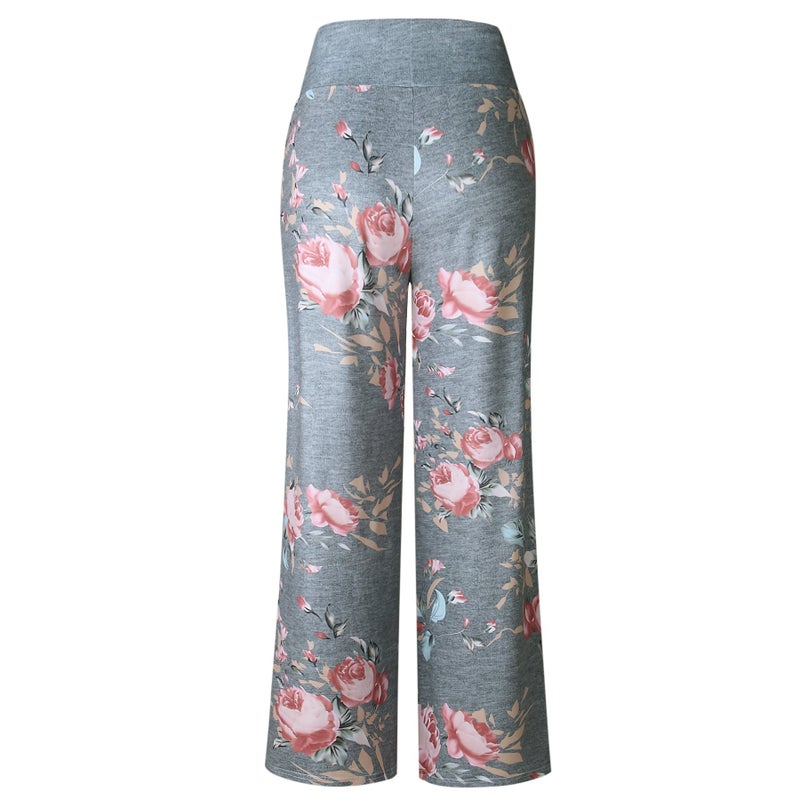 iChunhua Women's Comfy Stretch Floral Print Drawstring Palazzo Wide Leg Lounge Pants(L,Grey) - Image 4